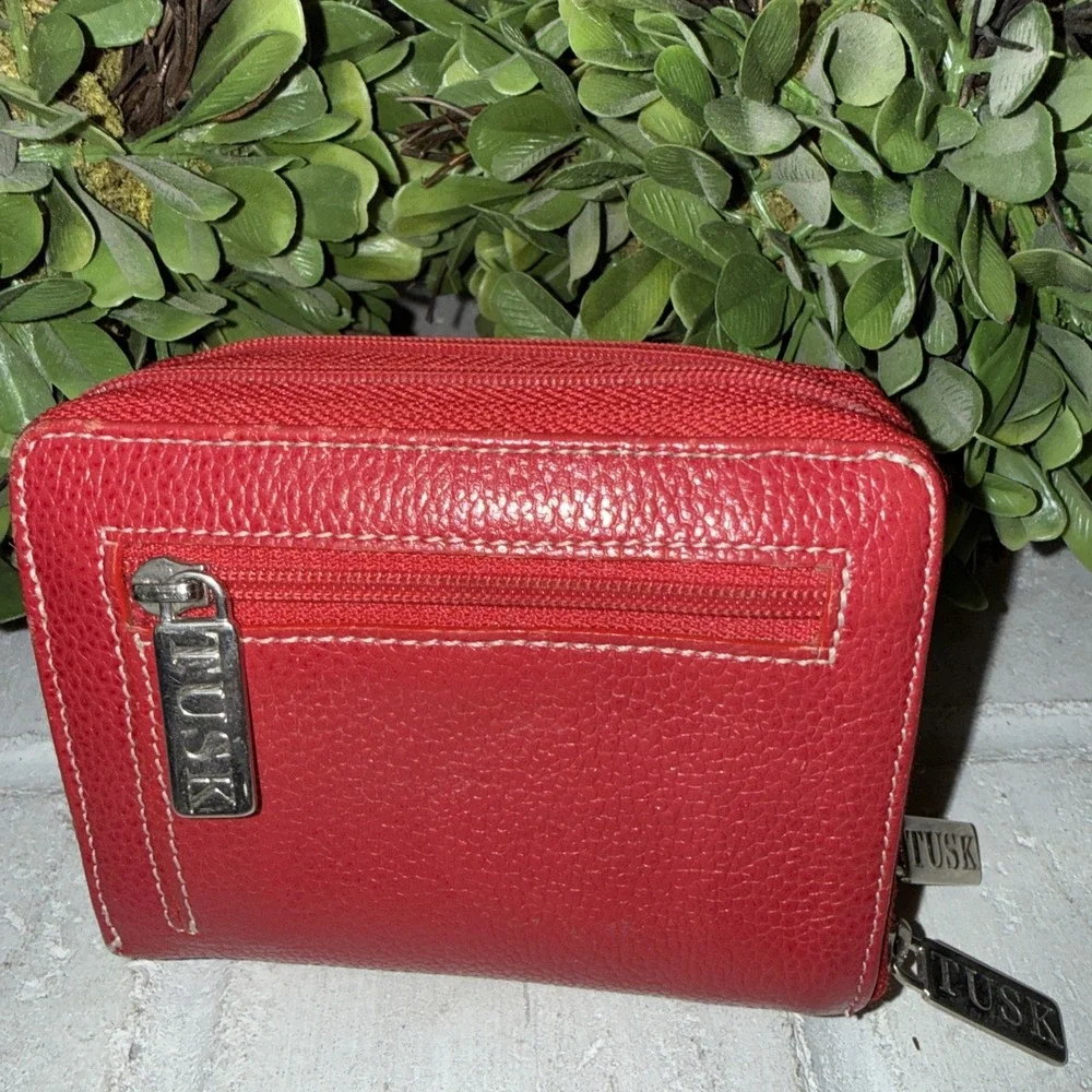 TUSK Red Leather Double Zip Around  Wallet 4